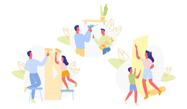 Set Family Makes repair Themselves Cartoon Flat。图片下载