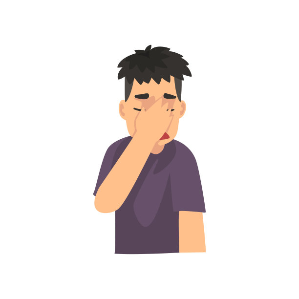 年轻男子用手遮住她的脸，男人做捂脸的手势，羞耻，头痛，失望，负面情绪向量插图图片下载