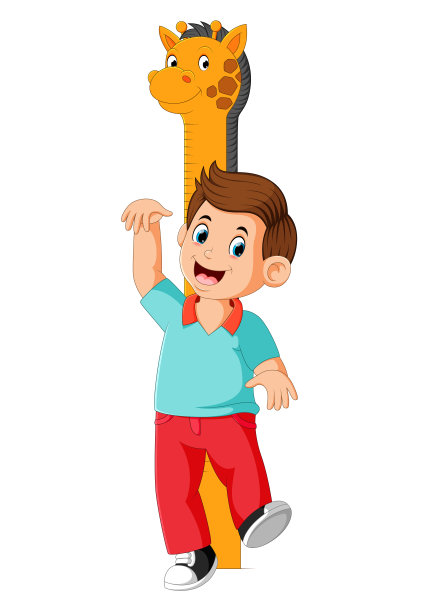 男孩在长颈鹿上用身体测量身高图片下载