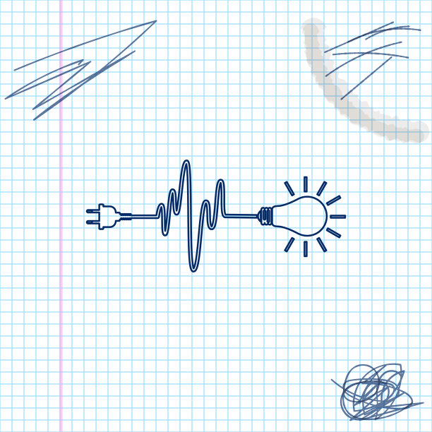 电线插头和灯泡线条草图图标隔离在白色背景上。插头、灯、线构成心跳。电与照明的概念。矢量图图片下载