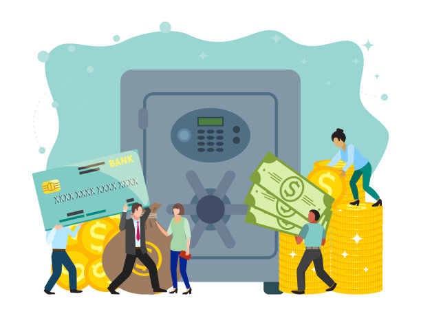 银行保险柜和保险库旗帜矢量插图，金属铁保险门。黄金，现金，货币，财务概念，业务模板。小人携带现金、硬币、信用卡到银行。图片下载