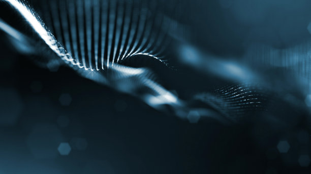 3d渲染背景发光粒子与景深，散焦。微世界或科幻主题。粒子形成线和三维表面网格。蓝色22图片下载