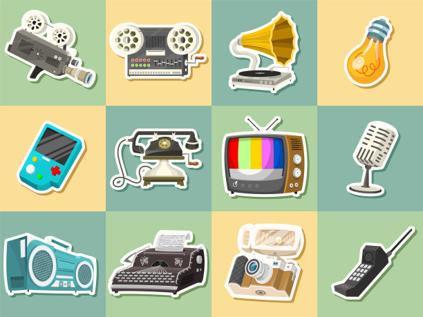 复古设备图标：电视、收音机、录音机、电影摄影机、打字机和游戏机、黑胶播放器等图片下载
