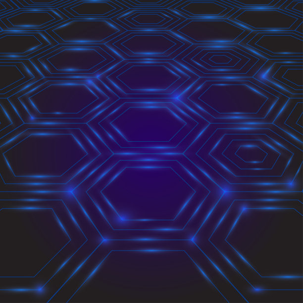六边形瓷砖霓虹蓝色地板矢量插图。蜂窝风格的迪斯科背景透视。科幻照明的未来设计。网络连接灯光效果，网络沟通。图片下载