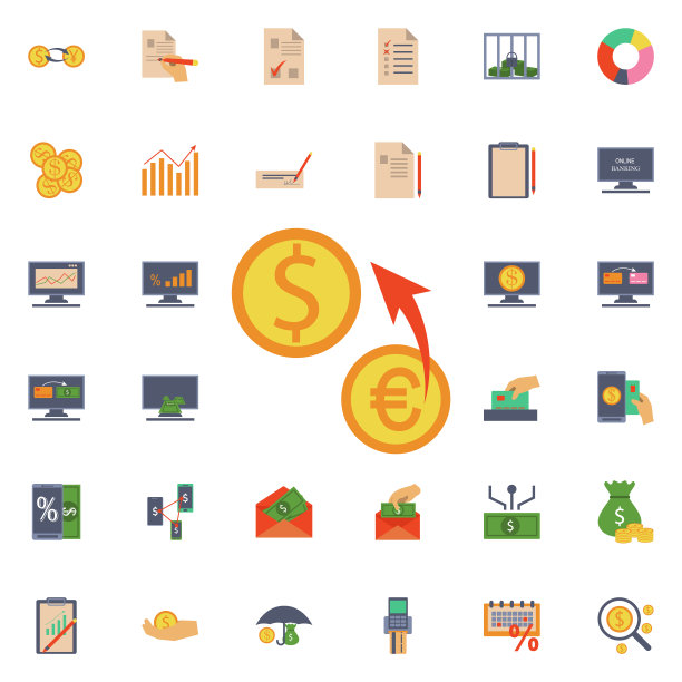 欧元兑美元汇率图标：用于网站和App开发的通用银行图标图片下载
