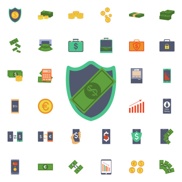 盾牌和金钱图标。通用银行为网站设计和开发，应用程序开发图片下载