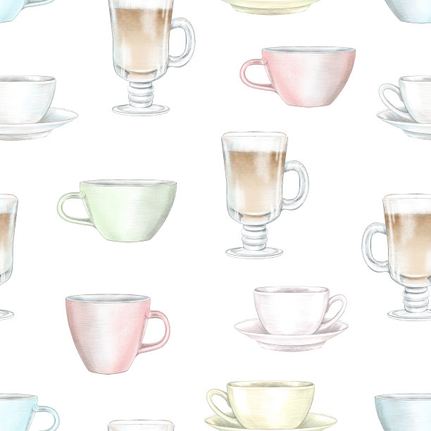 水彩和铅笔画无缝图案搭配各种颜色的杯子图片下载