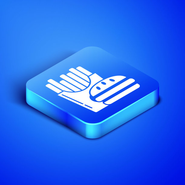 等距汉堡和炸薯条在纸箱包装盒图标孤立在蓝色背景。汉堡，汉堡，芝士汉堡三明治。快餐菜单。蓝色方块按钮。矢量图图片下载