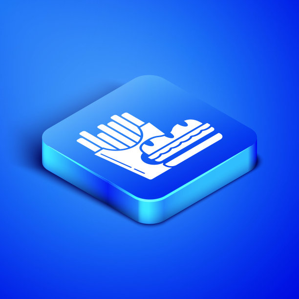 等距汉堡和炸薯条在纸箱包装盒图标孤立在蓝色背景。汉堡，汉堡，芝士汉堡三明治。快餐菜单。蓝色方块按钮。矢量图图片下载