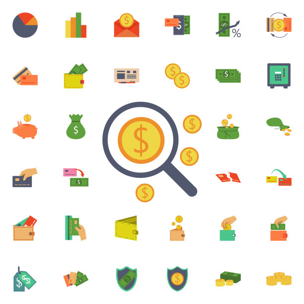 放大镜和美分图标。通用银行为网站设计和开发，应用程序开发图片下载