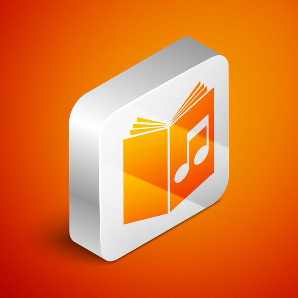 音频书图标孤立在橙色背景。带书的音符。音频引导标志。在线学习的概念。银广场按钮。矢量图图片下载