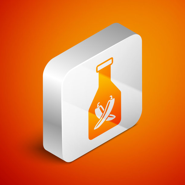 等距番茄酱瓶图标孤立在橙色背景。辣椒豆荚标志。烧烤和烧烤架标志。银广场按钮。矢量图图片下载