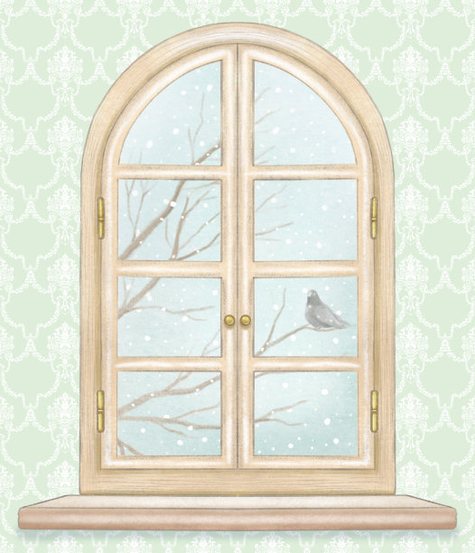 水彩和铅笔窗与冬季景观图片下载