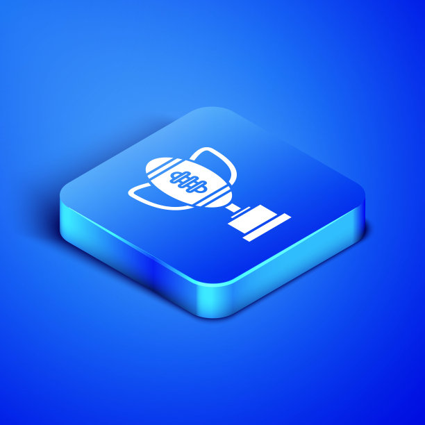 等距奖杯和美国足球图标孤立在蓝色背景。冠军奖杯的象征。冠军或比赛奖杯。蓝色方块按钮。矢量图图片下载