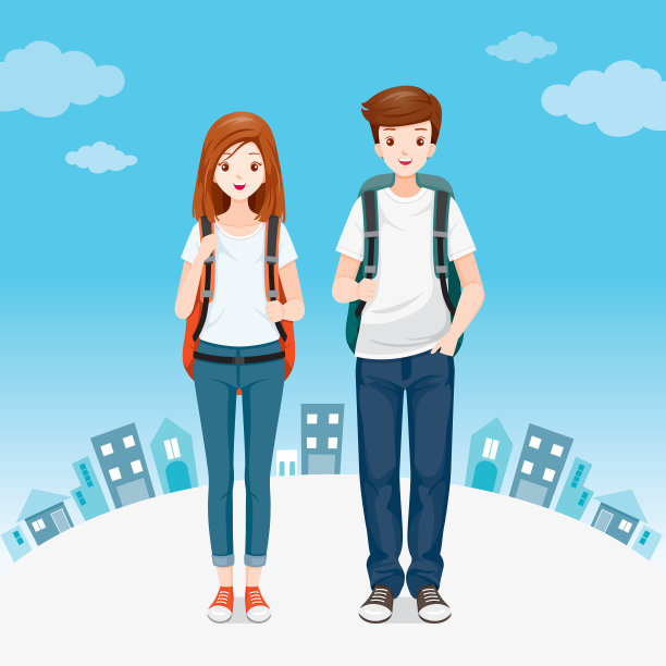 男性和女性背包旅行者站在一起，城镇背景图片下载