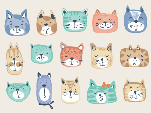 彩色猫脸矢量集合。儿童有趣插画图片下载