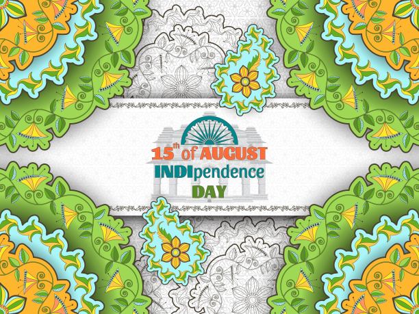 8月15日是印度独立日。带有阿拉伯花纹图案的贺卡。佩斯利和曼荼罗。矢量插图。图片下载