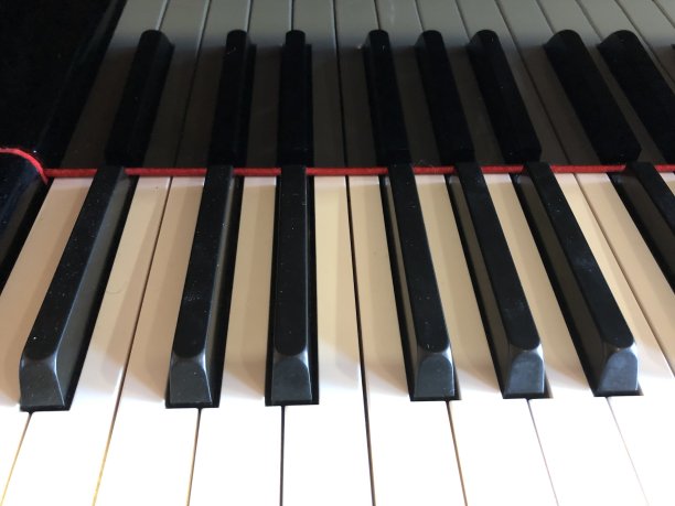 近距离的黑色和白色钢琴键与红边图片下载