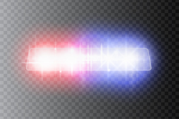 在夜间的道路上，警察的车头灯发出闪光和警报声。特殊的红色和蓝色光束。矢量插图。图片下载