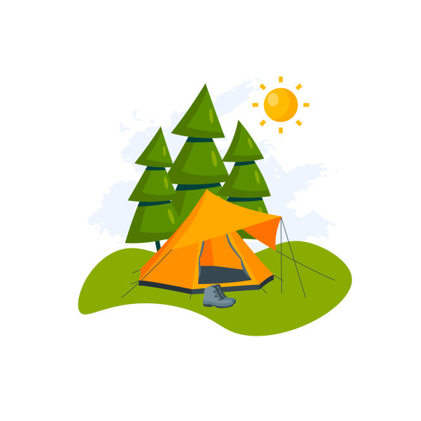 矢量橙色帐篷之间的树木在平坦的风格图片下载