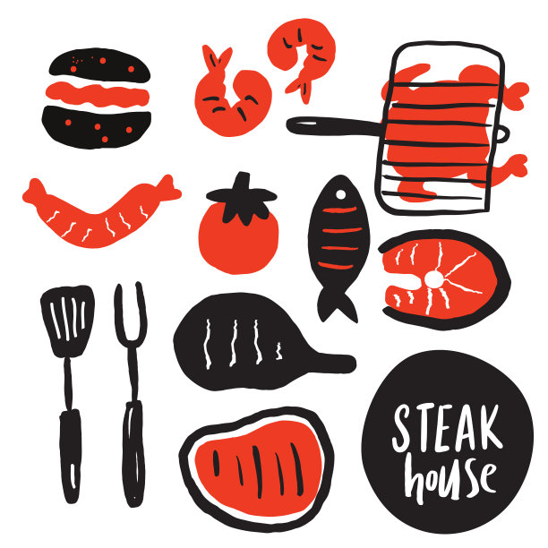 手绘收藏烤肉、牛排等。牛排的房子。烧烤、牛排餐厅菜单概念。向量图片下载