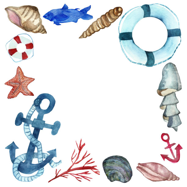 水彩海洋框架。方形框架与绝缘手绘海洋海星，海贝壳，救生圈，环，锚，珊瑚，鱼。图片下载