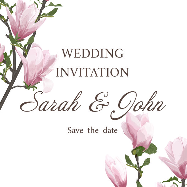 婚礼请柬与小枝盛开的玉兰花。白玉兰花，水彩，孤立在白色。图片下载