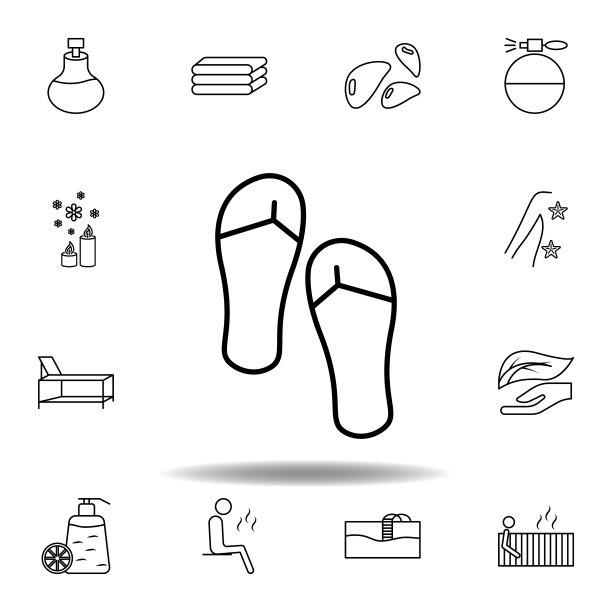 凉鞋为水疗中心轮廓图标。详细的水疗和放松插图图标。可以用于网页，logo，手机应用，UI, UX图片下载