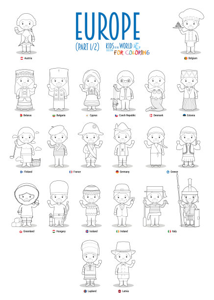 儿童和国籍的世界向量:欧洲集1 2。一套22个字符的着色穿着不同的民族服装。图片下载
