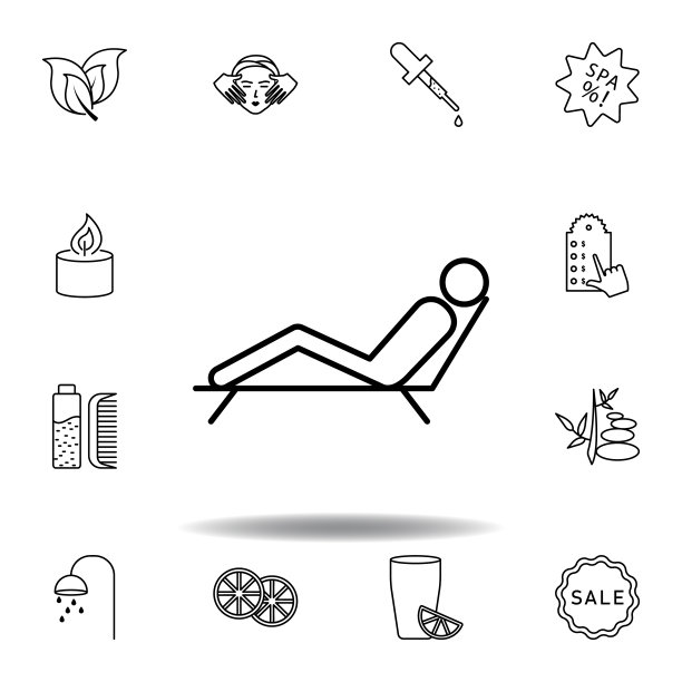男人躺在水疗椅上轮廓图标。详细的水疗和放松插图图标。可以用于网页，logo，手机应用，UI, UX图片下载