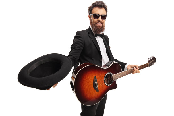 男音乐家拿着吉他拿着一顶帽子来收钱图片下载