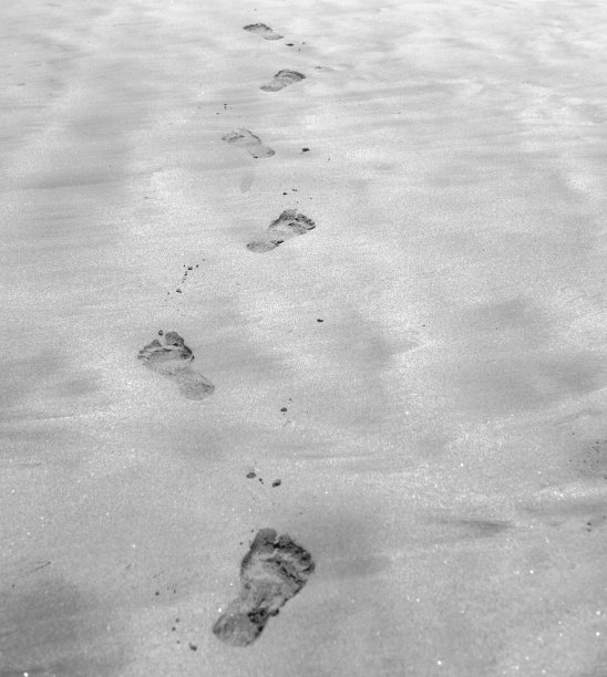 沙滩上有光脚的脚印。海岸的海洋，大海。有旅行社的旅游背景。库存图片图片下载