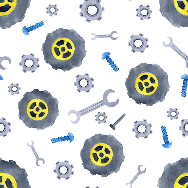 无缝图案与水彩车配件。设计童装、壁纸、包装、背景、墙面图片下载