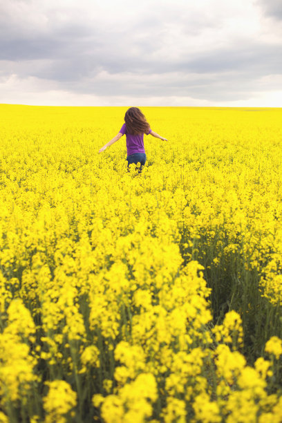 油菜籽地里快乐的年轻女子。黄色的花朵。图片下载