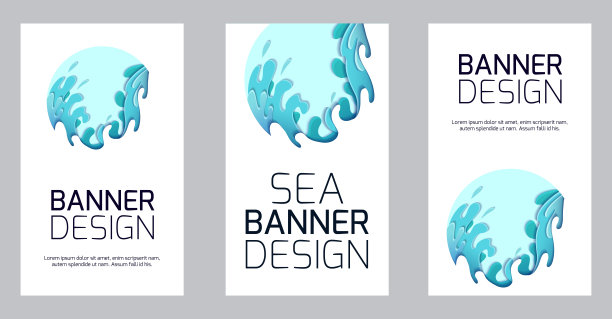 一套垂直旗帜与猛烈的海浪剪纸。卡片与三维多层绘制的溪流的水。风暴。向量模板图片下载