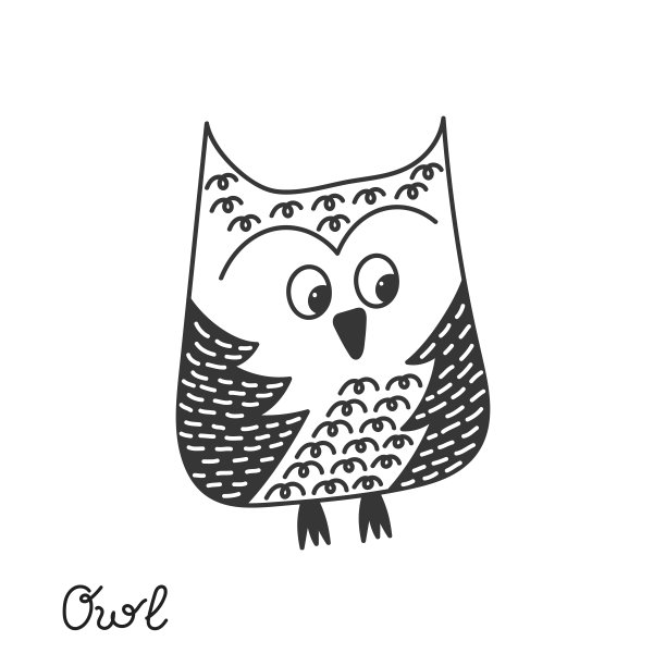 可爱的手绘猫头鹰。矢量插图。黑色和白色。图片下载
