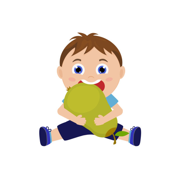 可爱的男孩吃梨。孩子与水果。矢量卡通插图印刷，设计。图片下载