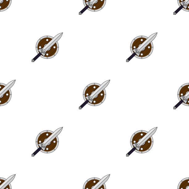 无缝图案与卡通剑和盾牌上的白色背景。中世纪的武器。冒险iItems。矢量插图设计，网页，包装纸，织物，墙纸。图片下载