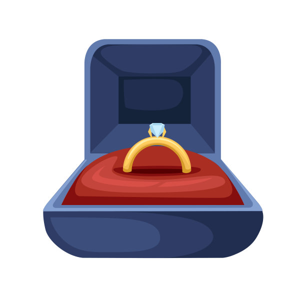金戒指与钻石在蓝色天鹅绒打开礼品首饰盒。平面矢量插图孤立在白色背景上图片下载