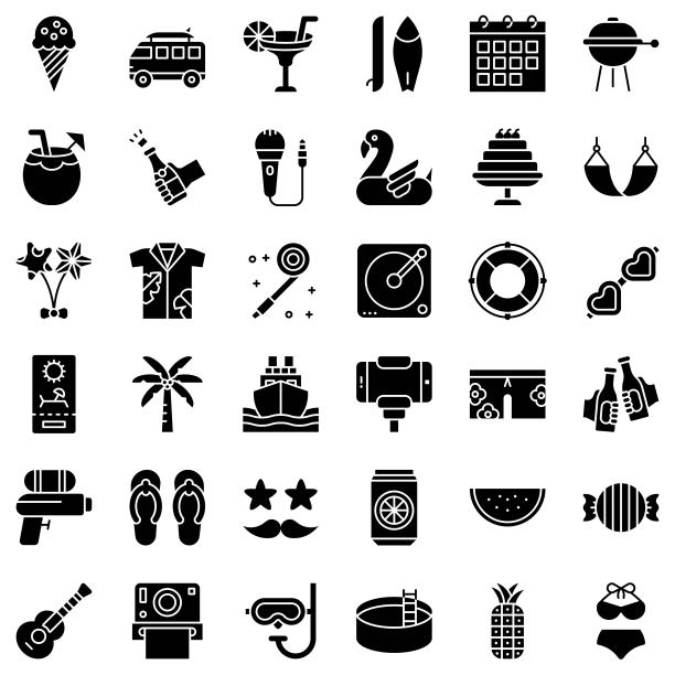 夏季派对相关矢量图标集，立体设计图片下载