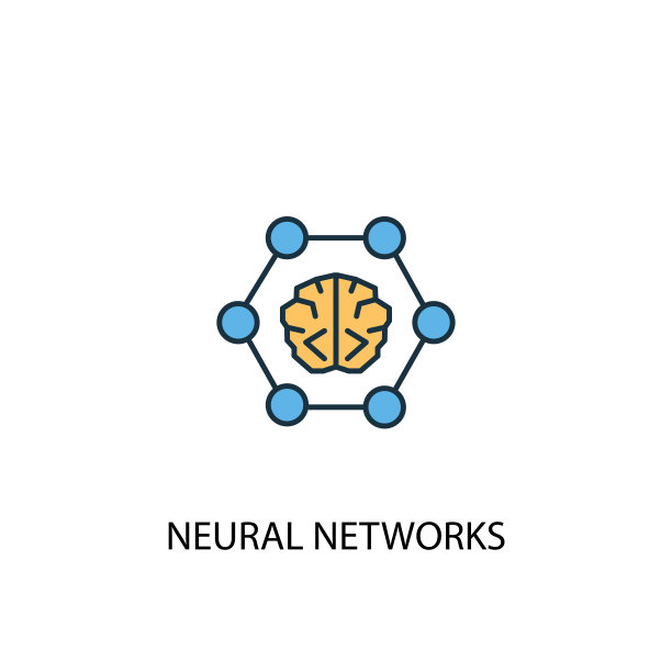 神经网络概念2彩色线图标。简单的黄色和蓝色元素插图。神经网络概念轮廓符号设计图片下载