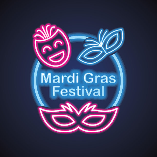 狂欢节的面具与霓虹灯效果。矢量图图片下载