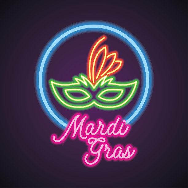 狂欢节的面具与霓虹灯效果。矢量图图片下载