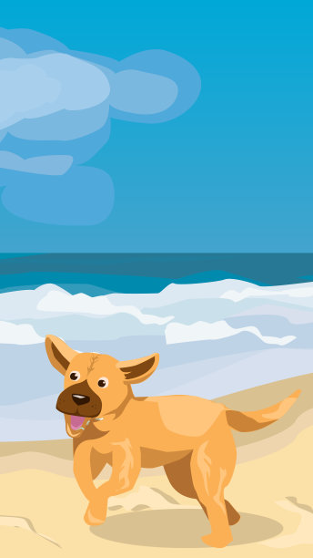 可爱的卡通狗在沙滩上奔跑夏天的一天图片下载