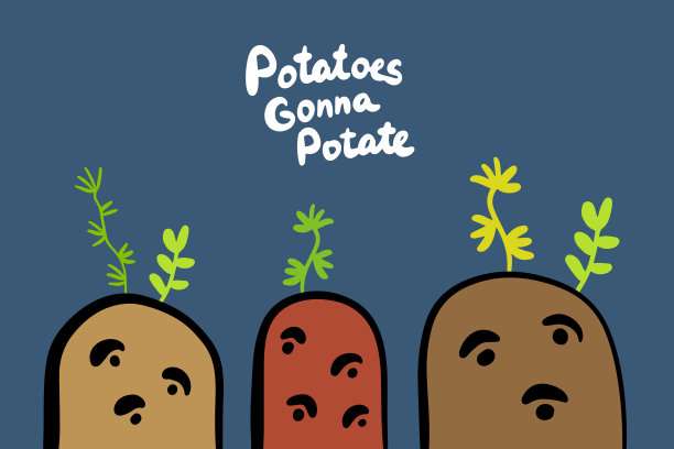 土豆会以卡通的方式手绘矢量。蔬菜长着眼睛，绿叶刻字图片下载