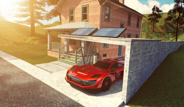 太阳照射在安装在房屋上的太阳能发电站上，并用来驱动电动汽车图片下载