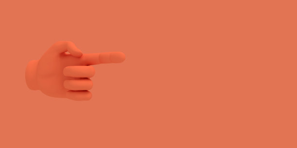 卡通手与食指..插图上的红色背景。3 d渲染。图片下载