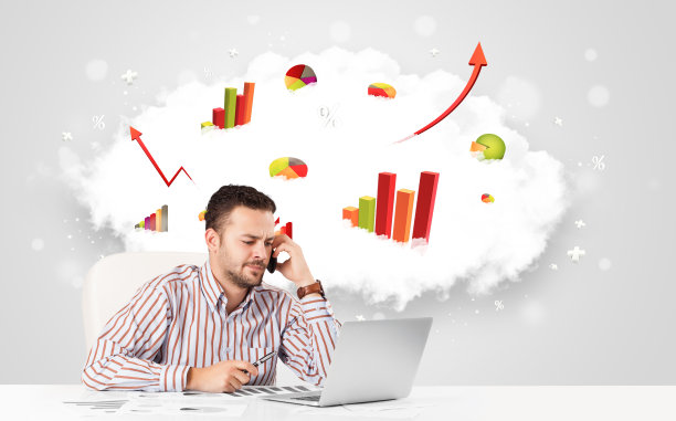 英俊的商人与云的背景包含丰富多彩的图形和图表图片下载