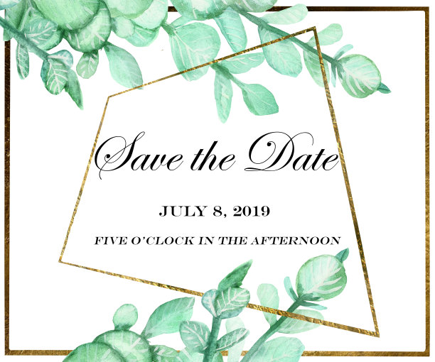 现代几何黄金框架与水彩树枝和树叶的绿宝石桉树和书法题词。婚礼请柬插图，保存日期或问候设计。图片下载