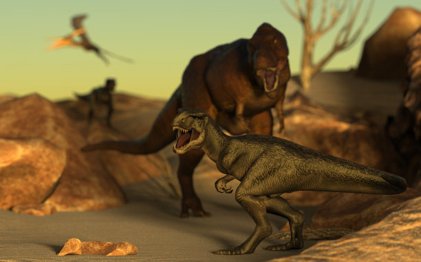 大的和年轻的霸王龙恐龙在野外看起来愤怒的3d渲染图片下载